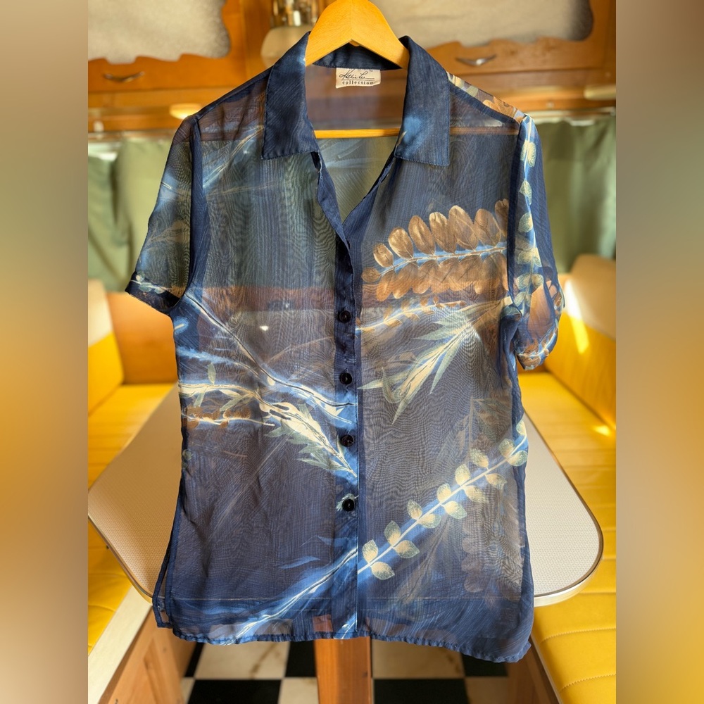 Sheer Navy Botanical Print Short-Sleeve Shirt & Skirt Set